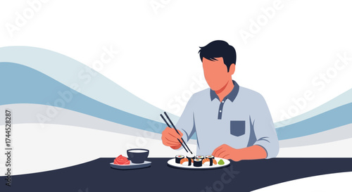 Enjoying A Delicious Sushi Meal: Modern Illustration Of A Person Dining At A Restaurant