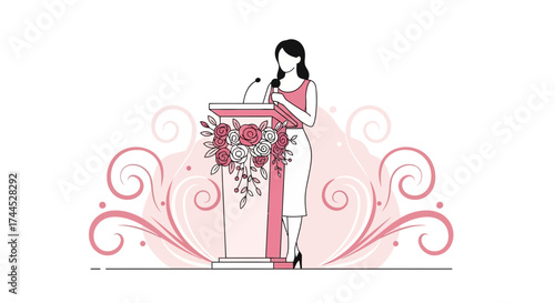 Elegant Speaker On Stage, Presenting With Floral Embellishments For A Special Event