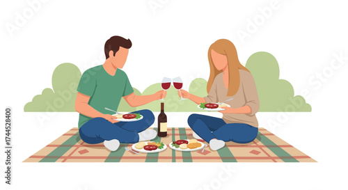 Enjoying A Relaxing Outing With Wine And Plates On A Plaid Blanket Together