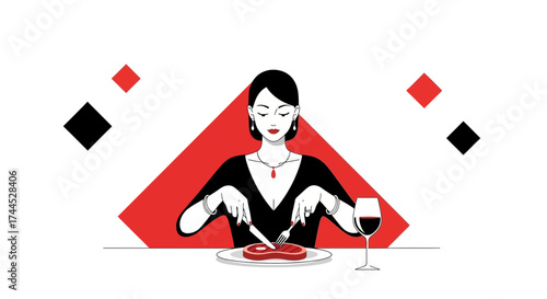 Elegant woman enjoying a gourmet dinner of steak and wine in minimalistic style illustration