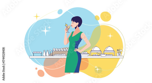 Elegant Woman Enjoying Cocktail Near Buffet Display During A Graceful Exclusive Gathering