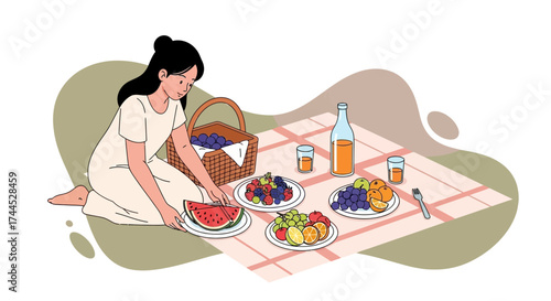 Enjoying A Serene Picnic Outdoors With Refreshing Fruits And Drinks, A Joyful Moment