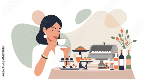 Elegant Woman Enjoying Tea and Buffet in a Restaurant or Hotel Setting