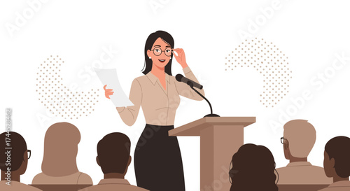 Elegant Woman Giving A Speech To An Audience With A Professional Demeanor