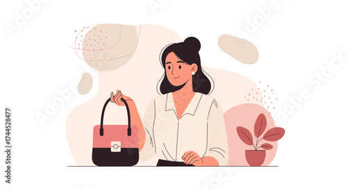 Elegant Woman Holding Handbag Beside A Plant, Minimalist Style Illustration