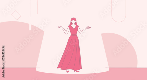 Elegant woman in a pink dress, minimalist illustration, under the spotlight