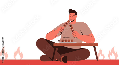 Enjoying Grilled Food: A Man Relaxes While Eating Delicious Kebab Skewers