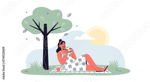 Enjoying Leisure: A Woman Relaxes, Eats Sandwich Under a Tree With Sunshine