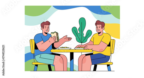 Enjoying Lunch With Friends Outdoors During A Sunny Day In Stylized Illustration