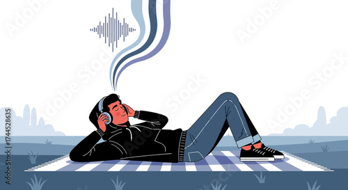 Enjoying Music Outdoors: Relaxed Young Person Listening to Audio on Headphones in Nature