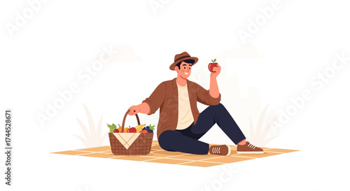 Enjoying Outdoor Moments: A Young Man's Joyful Picnic Amidst Serene Scenery