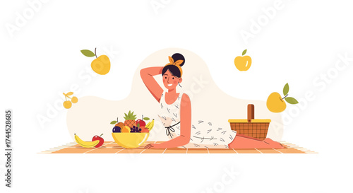 Enjoying Refreshing Fruits On A Sunny Day: An Joyful Picnic Scene Illustration