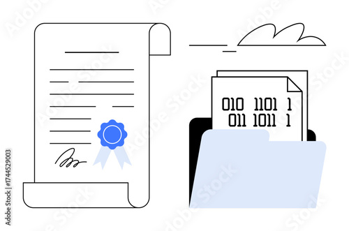 Signed certificate with blue ribbon and folder containing binary code papers. Ideal for digital security, data storage, certification, document management, coding, legal agreements, modern