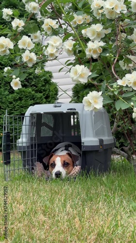Jack Russell Terrier Dog Lying in Travel Carrier. 