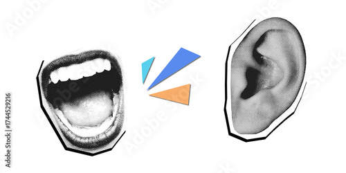 Pop art illustration of screaming mouth and listening ear retro halftone style. Modern collage style. Illustration on transparent background.