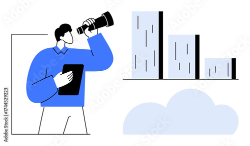 Man holding telescope and tablet, analyzing bar graphs beside a cloud. Ideal for growth, analytics, forecasting, strategy, innovation, vision and technology themes. Simple flat metaphor