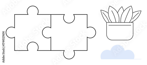 Two connected puzzle pieces beside a potted plant and cloud, highlighting unity, collaboration, and growth. Ideal for teamwork, creativity, problem-solving, sustainability, innovation strategy