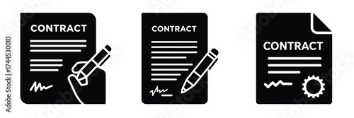 Contract signing silhouette business vector icon set.