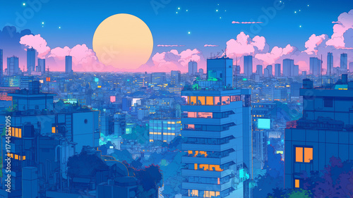 ノスタルジックな夜の街を、1980年代の線画アニメ調で描き出した幻想的なイラスト素材、星空と雲が浮かぶ空にレトロポップな美しさが映える抽象的表現