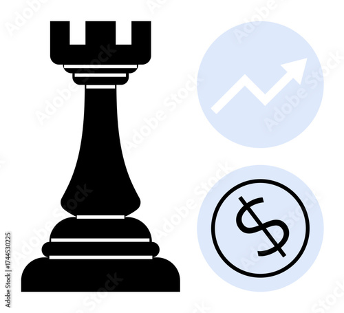 Chess rook symbolizing strategy next to upward trend arrow and dollar sign denoting growth and financial planning. Ideal for strategy, business success, leadership, growth, investment, innovation