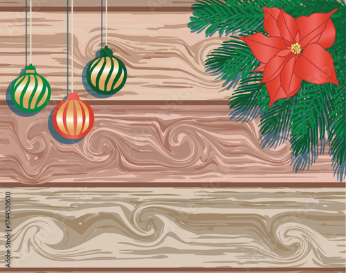 Christmas card with Poinsettia flower, colorful balls, pine leaves on wooden background.