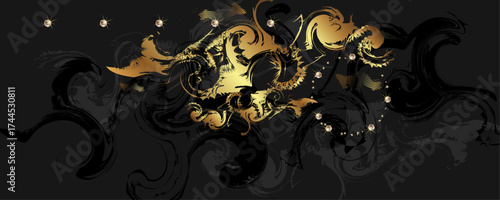 Abstract art gold design black background universal dressing luminous shiny color golden