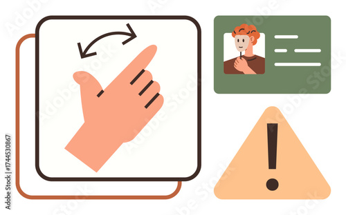 Hand swipe gesture with arrows, personal ID card with photo and text, triangular warning sign. Ideal for UX, identification, security, caution, navigation alerts user guidance. Simple flat metaphor