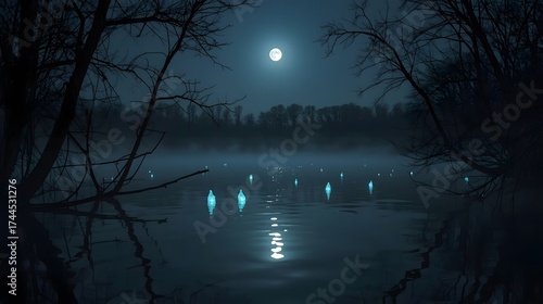 Serene Yet Spooky Lake Scene with Glowing Wisps