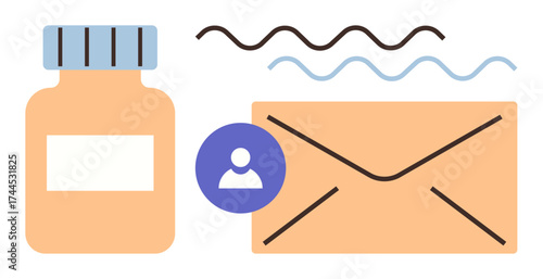 Medicine bottle, envelope with user profile icon, and wave lines for ideas thumbs up communication, email, healthcare, messaging, delivery, connection customer service. Ideal for simple flat