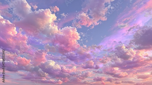 Sky filled with fluffy clouds in pastel shades of pink purple and blue.