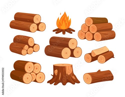 Illustration featuring various wooden logs, a campfire, and a tree stump, suitable for outdoor themes.