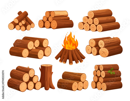 Illustration of stacks of logs and a campfire.