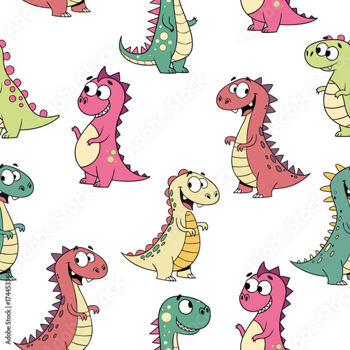 Seamless vector pattern of colorful cartoon dinosaurs. Perfect for kids' products, playful backgrounds, educational materials, and fun-themed designs.