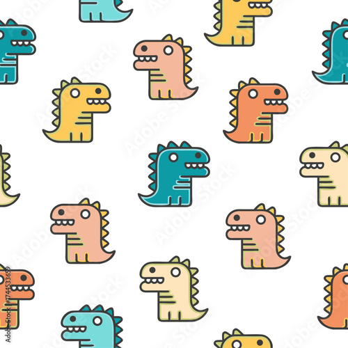 Seamless vector pattern of colorful cartoon dinosaurs. Perfect for kids' products, playful backgrounds, educational materials, and fun-themed designs.