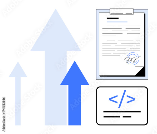 Clipboard with signed contract, code snippet in a coding frame, and upward arrows. Ideal for business growth, technology, development, innovation, agreements coding progress representation. Simple
