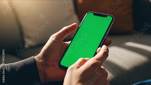 Wallpaper Mural Man's hands using a smartphone with a green screen, scrolling and swiping at home. Torontodigital.ca