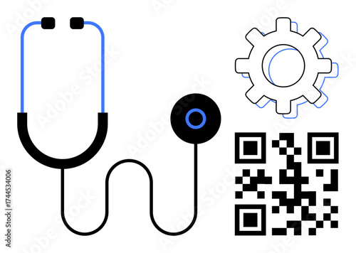 Stethoscope, gear, and QR code symbolizing healthcare, technology, diagnostics, innovation, automation, health data and digital solutions. Ideal for medical tech advancements efficiency digital