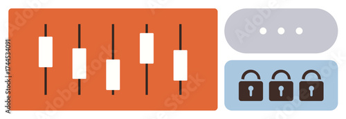 Candlestick chart with market trends, ellipsis icon, and lock graphics for data privacy. Ideal for trading, security, analysis, finance, cybersecurity privacy technology. Simple flat metaphor
