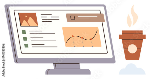 Monitor displaying analytics, chart, and tasks alongside a steaming coffee cup. Ideal for productivity, work, analysis, education, brainstorming technology focus. Modern simple flat metaphor