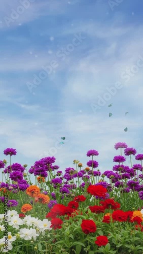 Beautiful blooming flowers field with butterflies and sky background, vertical portrait footage 