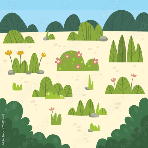 Vector Cartoon Grass Bush and Flower for Children Book Element