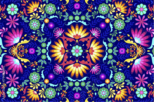 Vector folk vibrant pattern of Mexican style background. Traditional decorative pattern for textile, wallpaper, packaging, fabric, surface design, festival, Indian, Turkish, Pakistan motifs, print.