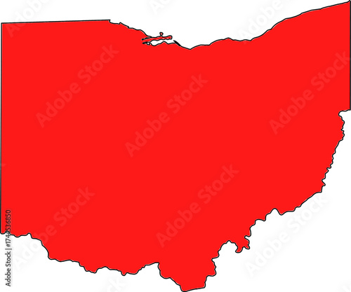 Detailed red vector silhouette map of the State of Ohio, a Midwestern U.S. state, providing a solid fill without internal divisions for design and data visualization.


