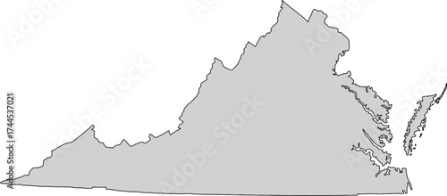 Detailed gray vector silhouette map of the Commonwealth of Virginia, an East Coast U.S. state, providing a solid fill without internal divisions for design and data visualization.

