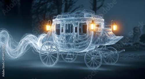 A beautiful ghostly carriage glides through a mesmerizing ethereal landscape, captivating