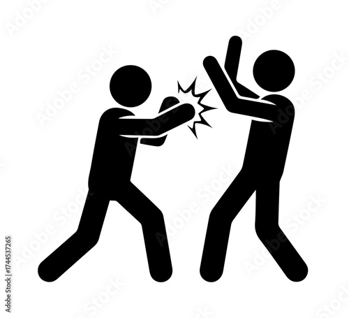 Stickman fighting and defending icon. Conflict between two people symbol. Violence, aggression, or physical attack concept illustration. Fight, punch, or abuse pictogram in simple black vector design.