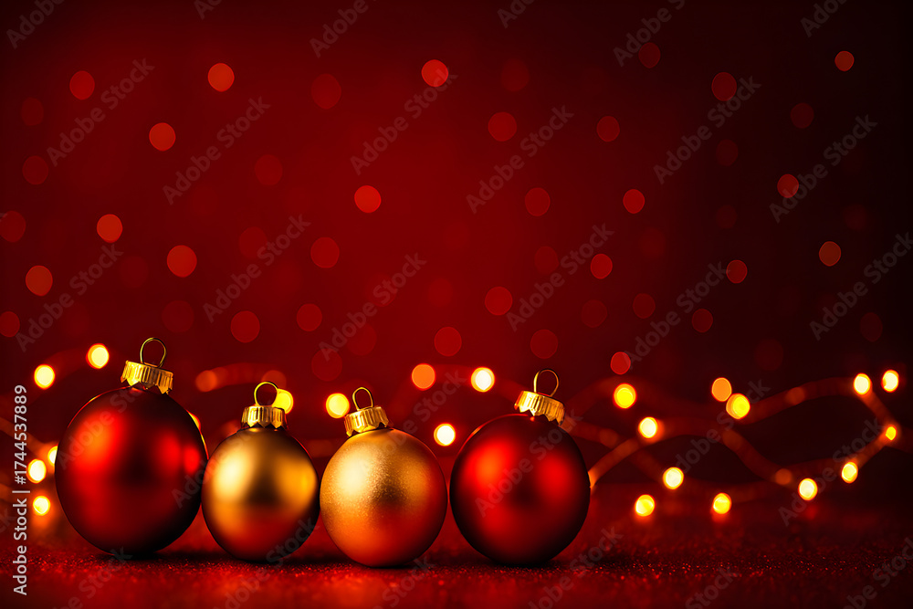 Fototapeta premium Elegant Red and Gold Christmas Baubles with Warm Holiday Lights Background
