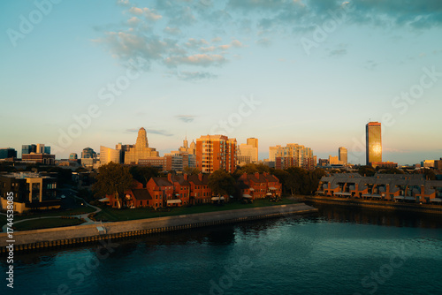 Buffalo, New York city skyline during sunset. 
