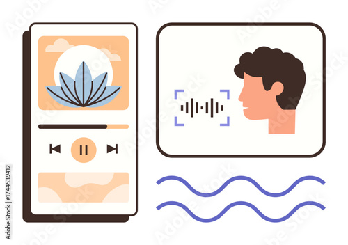 Smartphone music player with calming visuals and persons face with sound waves signifying voice recognition. Ideal for meditation, relaxation, technology, mindfulness, wellness, productivity