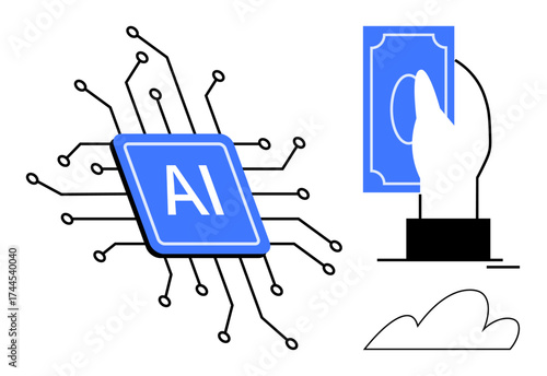 AI chip with circuits, hand holding currency note, and cloud icon represent innovation, digital transactions, cloud solutions, technology advancements, automation, finance, and futuristic simplicity